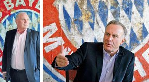 Bayern Bosses giving interviews in front of the Ferencz Olivier artwork.